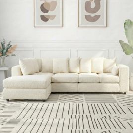 BELVANO Boucle Fabric Large 5 Seater L Shaped Scatterback Corner Sofa - Ivory, Left Hand Facing