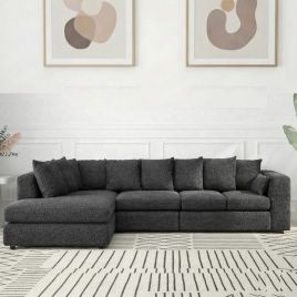 BELVANO Boucle Fabric Large 5 Seater L Shaped Scatterback Corner Sofa - Slate Grey, Left Hand Facing