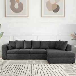 BELVANO Boucle Fabric Large 5 Seater L Shaped Scatterback Corner Sofa - Slate Grey, Right Hand Facing