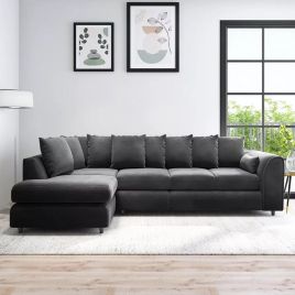 DELANO Plush Velvet Large 5 Seater L Shaped Scatterback Corner Sofa - Black, Left Hand Facing