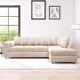DELANO Plush Velvet Large 5 Seater L Shaped Scatterback Corner Sofa - Cream