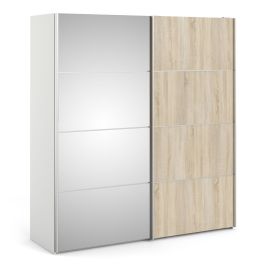 Sliding Wardrobe - VASTO 2 Door Mirrored Wardrobe with 2 Shelves White with Oak 182.4cm