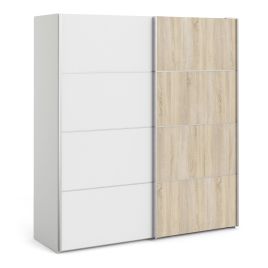 Sliding Wardrobe - VASTO 2 Door Wardrobe with 5 Shelves White and Oak Doors 180cm