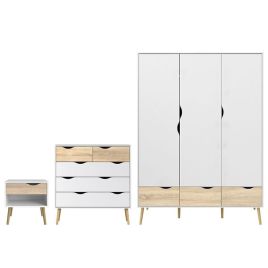 Wardrobe Set - OSSETT 3 Door Bedroom Set 3 Piece White and Oak 147cm