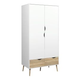 Kids Wardrobe - OSSETT 2 Door 2 Drawer Children Wardrobe White and Oak 98.6cm