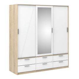 Sliding Wardrobe - LACOSTE 3 Door Mirrored Wardrobe Oak with White High Gloss 181.4cm