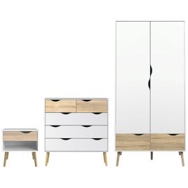 Wardrobe Set - OSSETT 2 Door Bedroom Set 3 Piece White and Oak 98cm