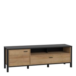 Broxtowe Matt Black Metal Frame Wide TV Unit with Door and Drawer - Riviera Oak