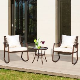 3PC Rocking Rattan Bistro Dining Set - Brown