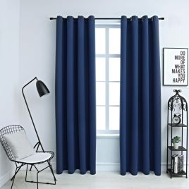 Blackout Curtains with Metal Rings 2 pcs Blue 140x225 cm