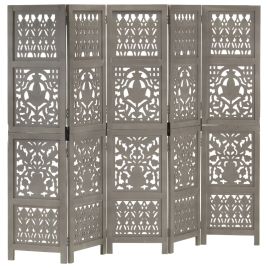 Hand Carved 5-Panel Room Divider Grey 200x165 cm Solid Mango Wood