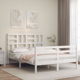 Bed Frame with Headboard White Double Solid Wood