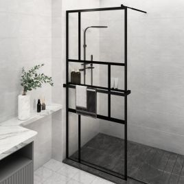 Walk-in Shower Wall with Shelf Black 90x195cm ESG Glass and Aluminium