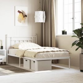 Metal Bed Frame with Headboard White 100x200 cm