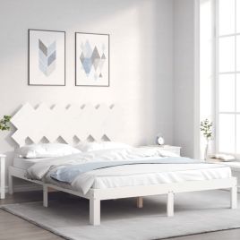 Bed Frame with Headboard White King Size Solid Wood