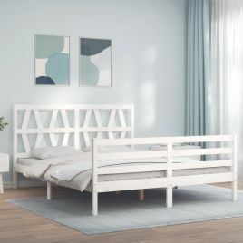 Bed Frame with Headboard White King Size Solid Wood