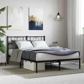 Metal Bed Frame with Headboard Black 135x190 cm Double