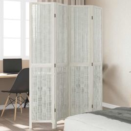 Room Divider 4 Panels White Solid Wood Paulownia - vid-358675