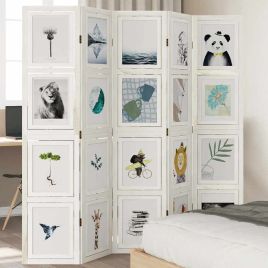 Room Divider 5 Panels White Solid Wood Paulownia - vid-358694