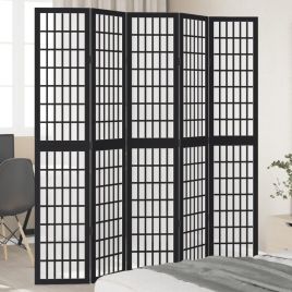 Room Divider 5 Panels Black Solid Wood Paulownia - vid-358775