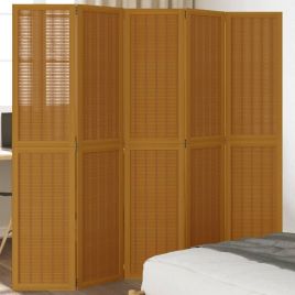 Room Divider 5 Panels Brown Solid Wood Paulownia - vid-358822