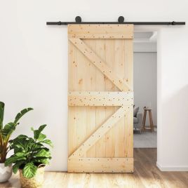 Sliding Door with Hardware Set 95x210 cm Solid Wood Pine - vid-3203060