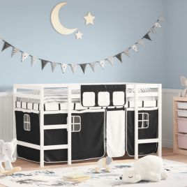 Kids' Loft Bed with Curtains White&Black 90x200cm Solid Wood Pine
