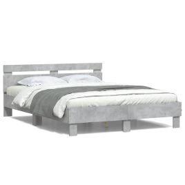 Bed Frame with Headboard and LED Concrete Grey 140x190 cm