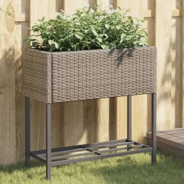 Garden Planter with Shelf Grey Poly Rattan - vid-366389