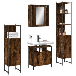 4 Piece Bathroom Cabinet Set Smoked Oak Engineered Wood - vid-3214767