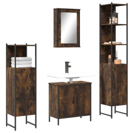 4 Piece Bathroom Furniture Set Smoked Oak Engineered Wood - vid-3214832