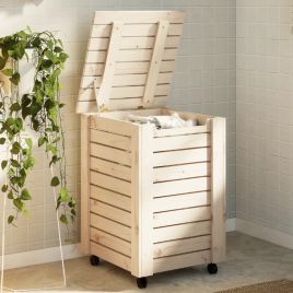 Laundry Basket with Wheels RANA 45x45x64 cm Solid Wood Pine - vid-4002325
