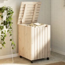 Laundry Basket with Wheels RANA 45x45x64 cm Solid Wood Pine - vid-4002333