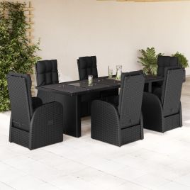 CLOFT 7 Piece Garden Dining Set with Cushions Poly Rattan - Black