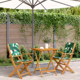 3 Piece Bistro Set Leaf Pattern Fabric and Solid Wood - vid-3281812