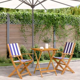 3 Piece Bistro Set Blue and White Fabric and Solid Wood - vid-3281813