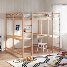 Loft Bed with Desk and Ladder 140x200cm Solid Wood Pine