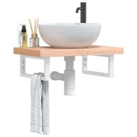 Basin Shelf Wall Mounted Steel and Solid Wood Beech - vid-3302360