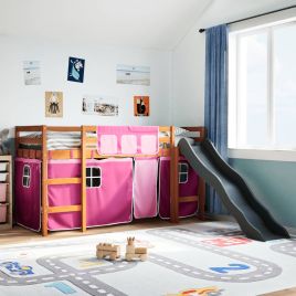 Kids Loft Bed with Curtains Pink 80x200cm Solid Wood Pine