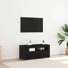 TV Cabinet with LED Black Oak 90x35x40 cm Engineered Wood