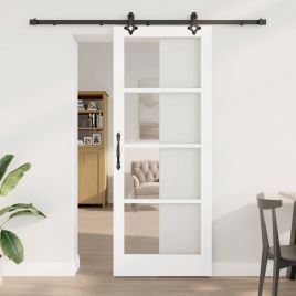 Sliding Door with Hardware Set "ORKDAL" White Solid Wood & Glass