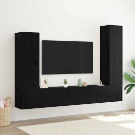 4 Piece TV Cabinet Set Wall-mounted Black Oak Engineered Wood