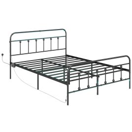 HERON Double Bed Frame with LED Lights and Charging Station Black