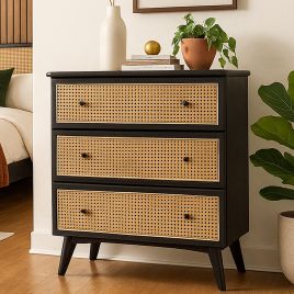 SILVERBROOK Black Rattan Chest of Drawers - Medium-sized, 3 Drawers
