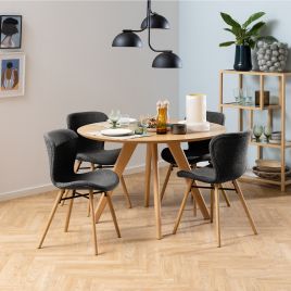 TOWNZA Round Dining Table in White and Oak Included 4 Dining Chairs with Grey Fabric and Oak