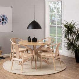 DUNZA Round Dining Table in White Oak Included 4 Dining Chair with Armrest in White Oak