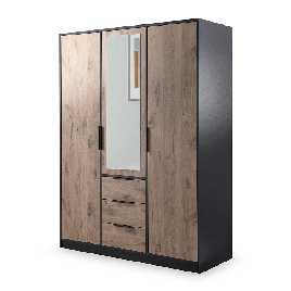 BELLVYN 3 Door Mirrored Wardrobe with 3 Drawers Black with Oak - 149cm