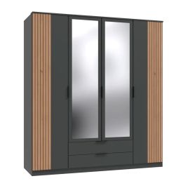 NOMASA 4 Door Mirrored Wardrobe with 2 Drawers Grey and Oak - 180cm