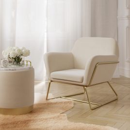 CHARIX Velvet Armchair with Small Pouffe Set - Cream and Gold