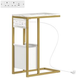 HERON C Shaped Side Table with Charging Station White
